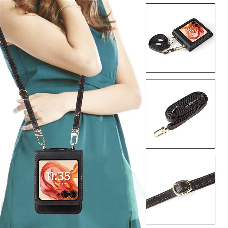 For Motorola Razr 50 5G / Razr 2024 5G Case Card Slots Leather Phone Cover with Lanyard