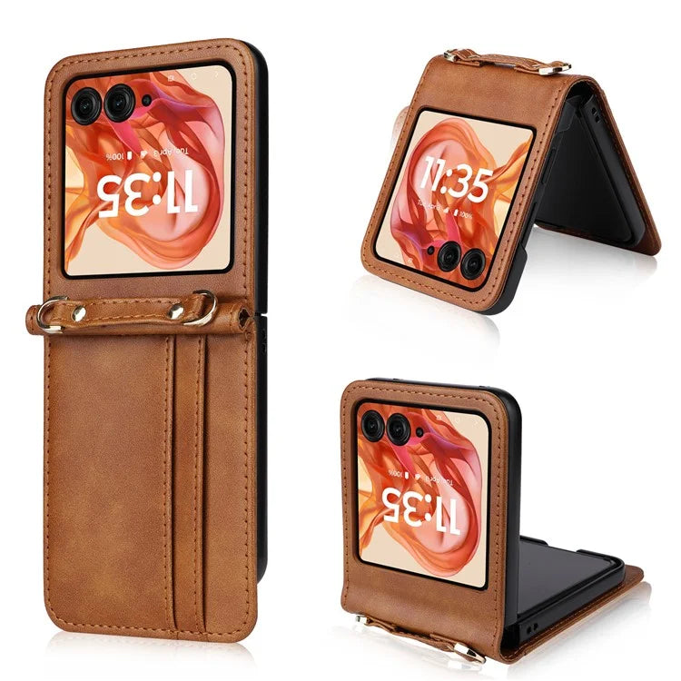 For Motorola Razr 50 5G / Razr 2024 5G Case Card Slots Leather Phone Cover with Lanyard