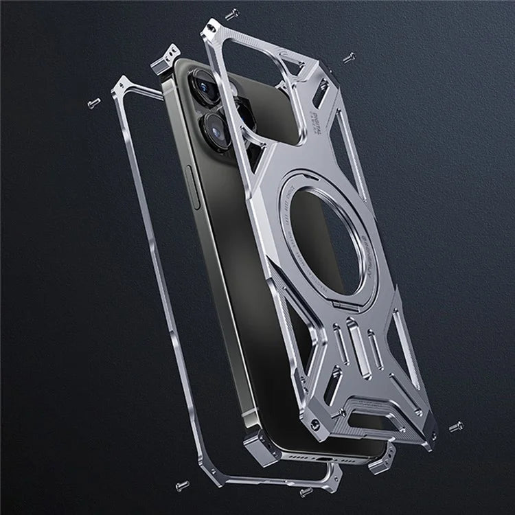 For iPhone 16 Pro Max Case Kickstand Frameless Aluminum Alloy+Silicone Phone Bumper Cover