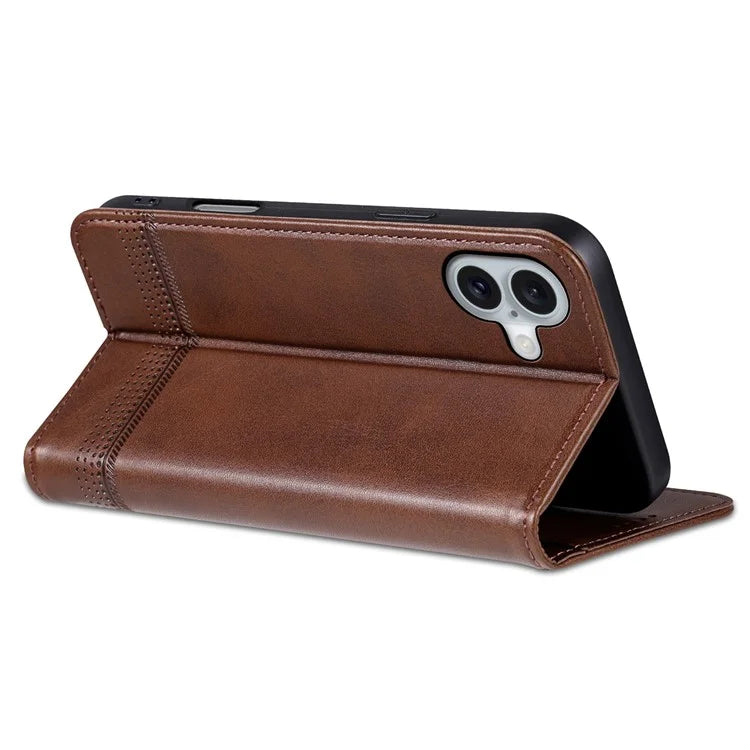 AZNS For iPhone 16 Plus Case Cowhide Texture PU Leather Wallet Phone Cover