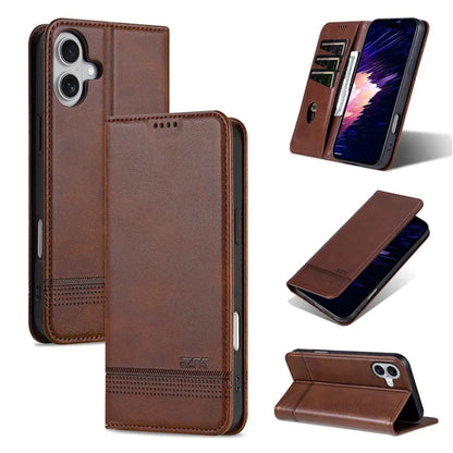 AZNS For iPhone 16 Plus Case Cowhide Texture PU Leather Wallet Phone Cover