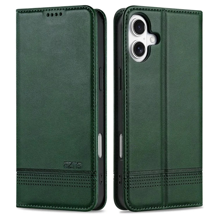 AZNS For iPhone 16 Plus Case Cowhide Texture PU Leather Wallet Phone Cover