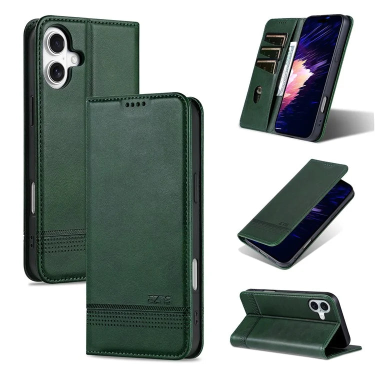 AZNS For iPhone 16 Plus Case Cowhide Texture PU Leather Wallet Phone Cover