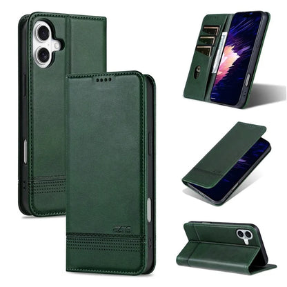 AZNS For iPhone 16 Plus Case Cowhide Texture PU Leather Wallet Phone Cover