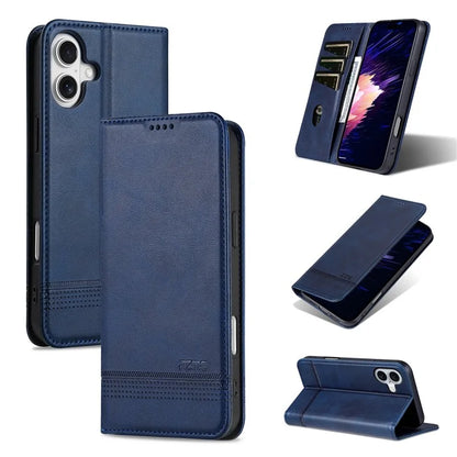 AZNS For iPhone 16 Plus Case Cowhide Texture PU Leather Wallet Phone Cover