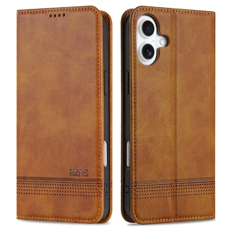 AZNS For iPhone 16 Plus Case Cowhide Texture PU Leather Wallet Phone Cover
