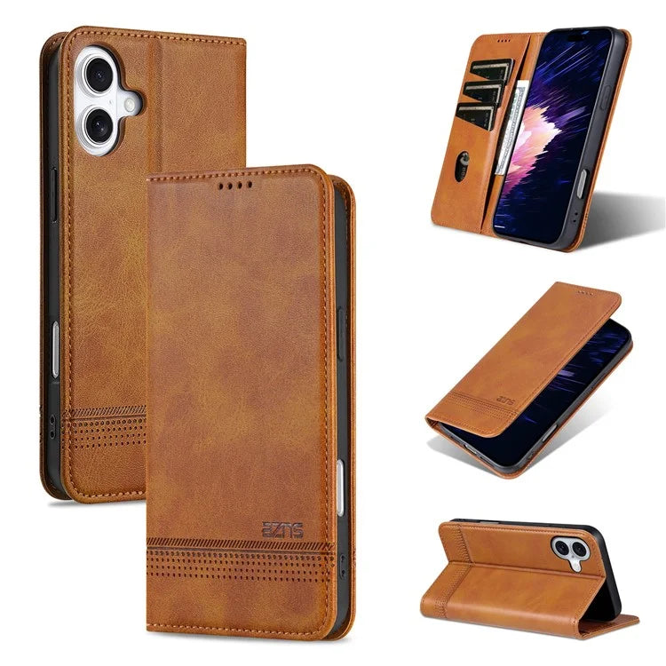 AZNS For iPhone 16 Plus Case Cowhide Texture PU Leather Wallet Phone Cover