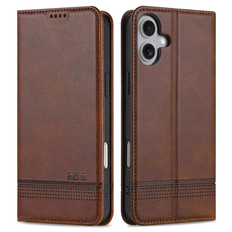 AZNS For iPhone 16 Case Cowhide Texture PU Leather Wallet Phone Cover