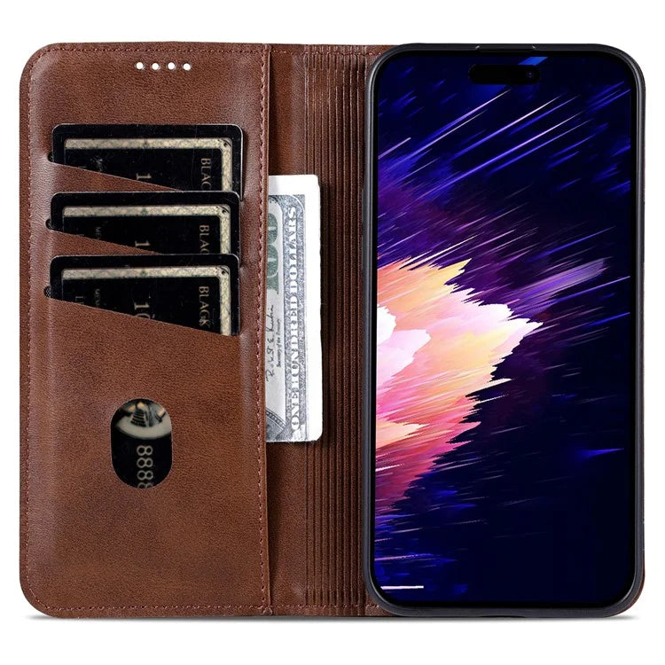 AZNS For iPhone 16 Case Cowhide Texture PU Leather Wallet Phone Cover