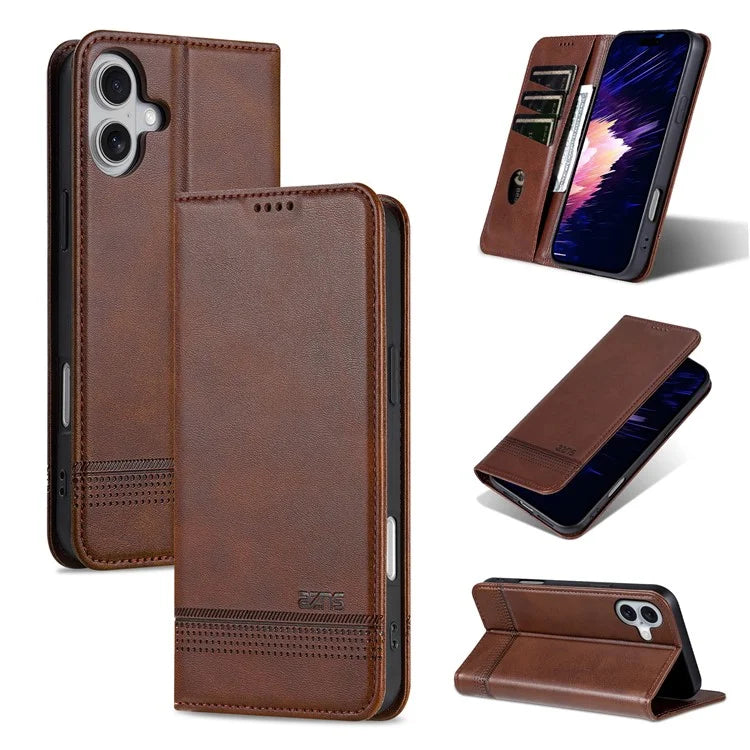 AZNS For iPhone 16 Case Cowhide Texture PU Leather Wallet Phone Cover