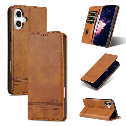 AZNS For iPhone 16 Case Cowhide Texture PU Leather Wallet Phone Cover