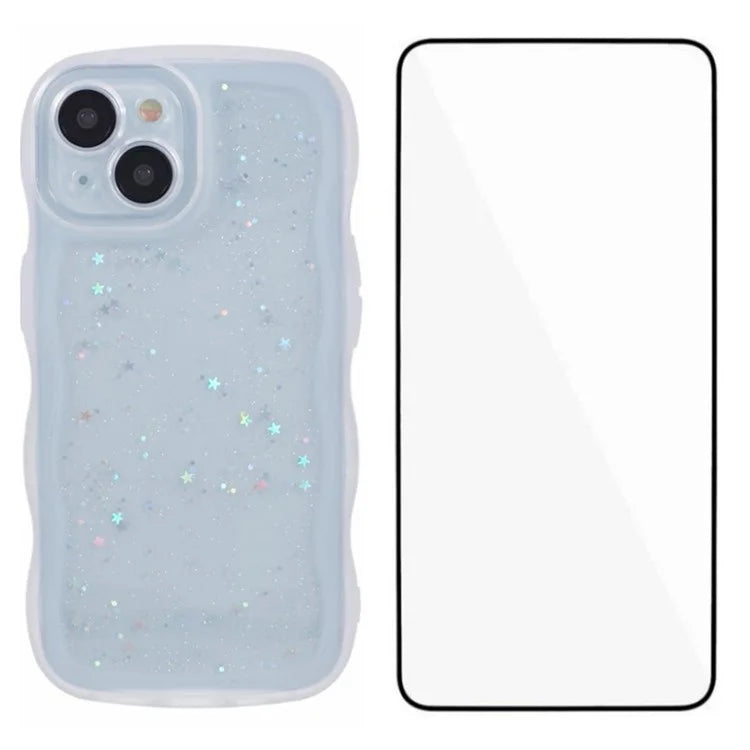 WANLONFENG JWT Series for iPhone 13 TPU Case Epoxy Phone Cover Wavy Edge with Tempered Glass