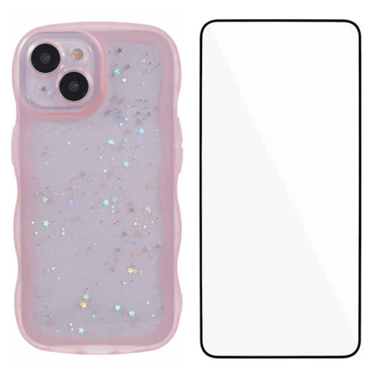 WANLONFENG JWT Series for iPhone 13 TPU Case Epoxy Phone Cover Wavy Edge with Tempered Glass