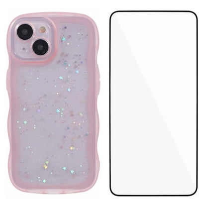 WANLONFENG JWT Series for iPhone 13 TPU Case Epoxy Phone Cover Wavy Edge with Tempered Glass