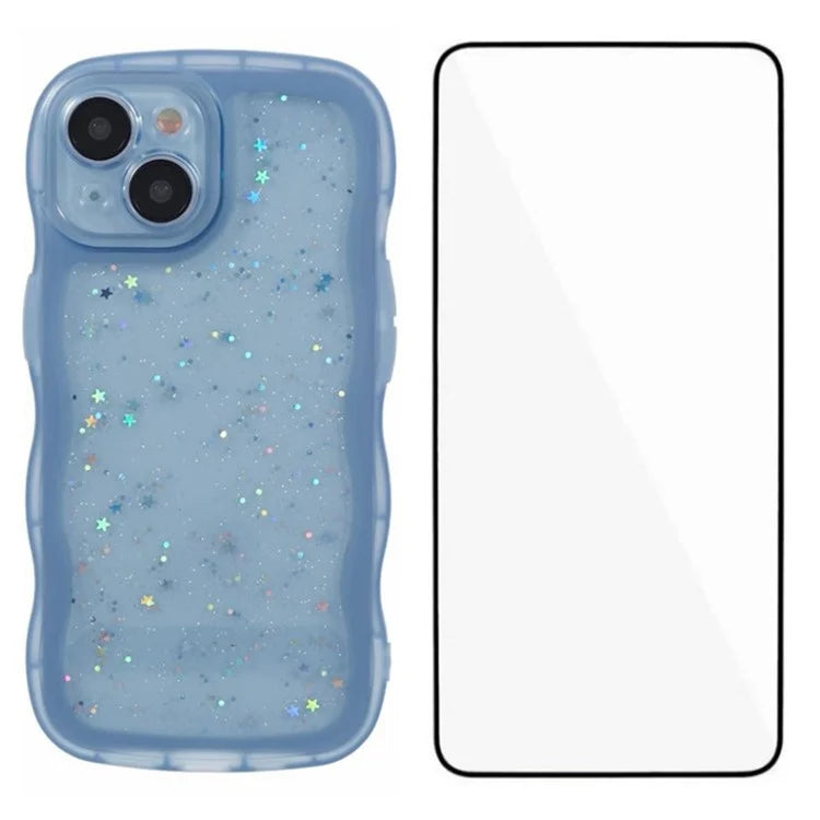 WANLONFENG JWT Series for iPhone 13 TPU Case Epoxy Phone Cover Wavy Edge with Tempered Glass