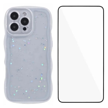 WANLONFENG JWT Series for iPhone 16 Pro Max TPU Case Epoxy Phone Cover Wavy Edge with Tempered Glass