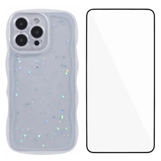 WANLONFENG JWT Series for iPhone 16 Pro Max TPU Case Epoxy Phone Cover Wavy Edge with Tempered Glass