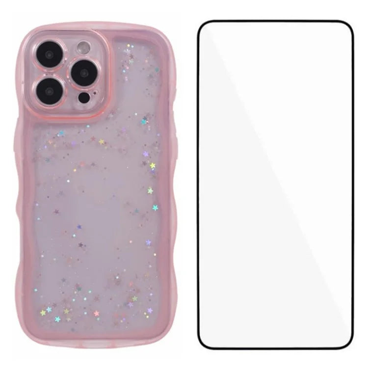 WANLONFENG JWT Series for iPhone 16 Pro Max TPU Case Epoxy Phone Cover Wavy Edge with Tempered Glass