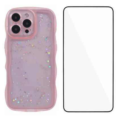 WANLONFENG JWT Series for iPhone 16 Pro Max TPU Case Epoxy Phone Cover Wavy Edge with Tempered Glass