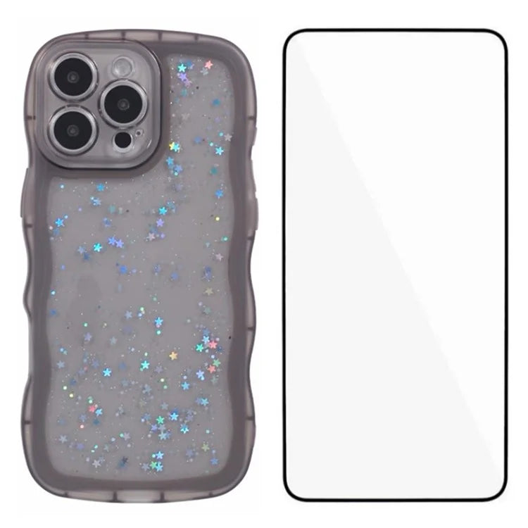 WANLONFENG JWT Series for iPhone 16 Pro Max TPU Case Epoxy Phone Cover Wavy Edge with Tempered Glass