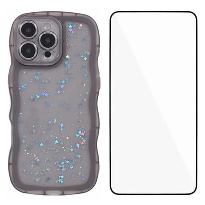 WANLONFENG JWT Series for iPhone 16 Pro Max TPU Case Epoxy Phone Cover Wavy Edge with Tempered Glass
