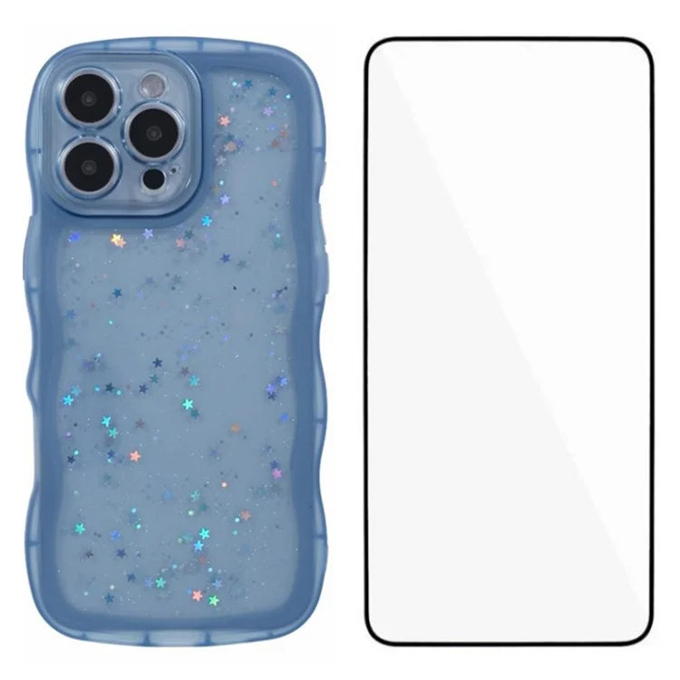 WANLONFENG JWT Series for iPhone 16 Pro Max TPU Case Epoxy Phone Cover Wavy Edge with Tempered Glass