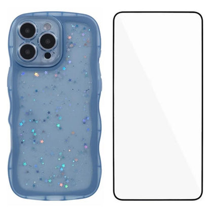 WANLONFENG JWT Series for iPhone 16 Pro Max TPU Case Epoxy Phone Cover Wavy Edge with Tempered Glass