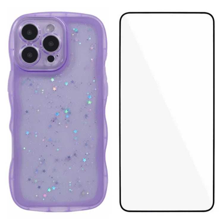 WANLONFENG JWT Series for iPhone 16 Pro Max TPU Case Epoxy Phone Cover Wavy Edge with Tempered Glass