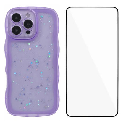 WANLONFENG JWT Series for iPhone 16 Pro Max TPU Case Epoxy Phone Cover Wavy Edge with Tempered Glass