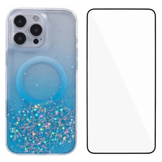 WANLONFENG JWT1 Series for iPhone 16 Pro Max Magnetic Case Epoxy Glitter TPU Phone Cover with Tempered Glass Film