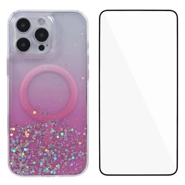 WANLONFENG JWT1 Series for iPhone 16 Pro Max Magnetic Case Epoxy Glitter TPU Phone Cover with Tempered Glass Film