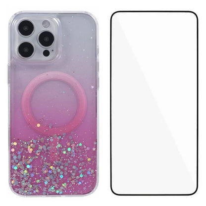 WANLONFENG JWT1 Series for iPhone 16 Pro Max Magnetic Case Epoxy Glitter TPU Phone Cover with Tempered Glass Film