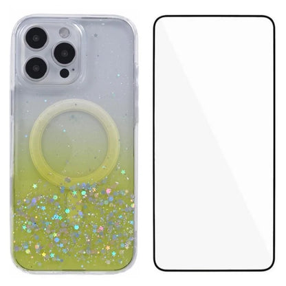 WANLONFENG JWT1 Series for iPhone 16 Pro Max Magnetic Case Epoxy Glitter TPU Phone Cover with Tempered Glass Film