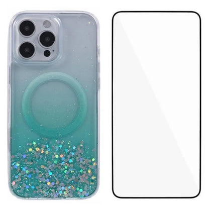 WANLONFENG JWT1 Series for iPhone 16 Pro Max Magnetic Case Epoxy Glitter TPU Phone Cover with Tempered Glass Film