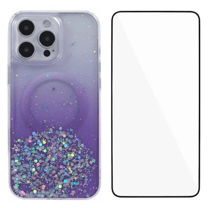 WANLONFENG JWT1 Series for iPhone 16 Pro Max Magnetic Case Epoxy Glitter TPU Phone Cover with Tempered Glass Film