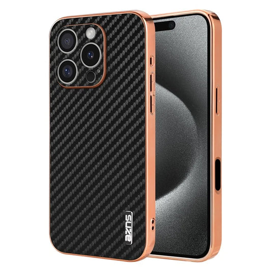 AZNS For iPhone 16 Pro Max Case Electroplating Carbon Fiber Texture PU+TPU Phone Cover
