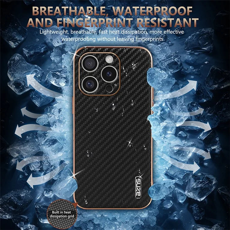 AZNS For iPhone 16 Pro Max Case Electroplating Carbon Fiber Texture PU+TPU Phone Cover