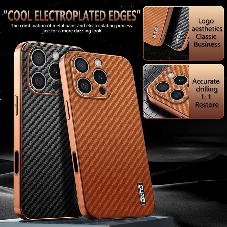 AZNS For iPhone 16 Pro Max Case Electroplating Carbon Fiber Texture PU+TPU Phone Cover