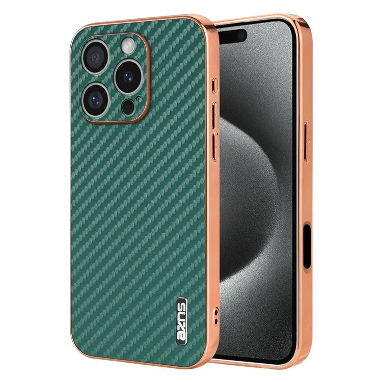 AZNS For iPhone 16 Pro Max Case Electroplating Carbon Fiber Texture PU+TPU Phone Cover