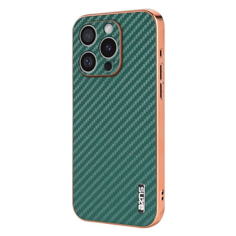 AZNS For iPhone 16 Pro Max Case Electroplating Carbon Fiber Texture PU+TPU Phone Cover