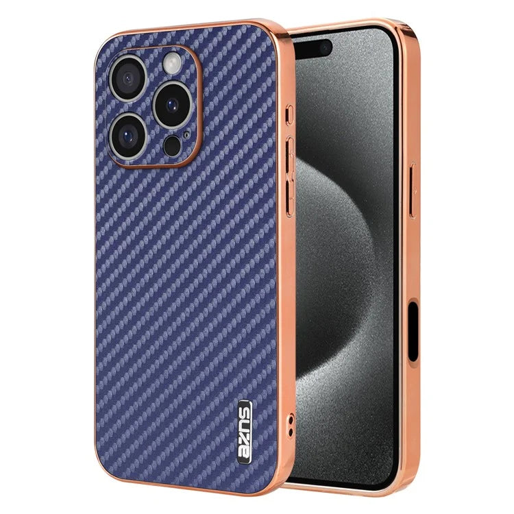 AZNS For iPhone 16 Pro Max Case Electroplating Carbon Fiber Texture PU+TPU Phone Cover