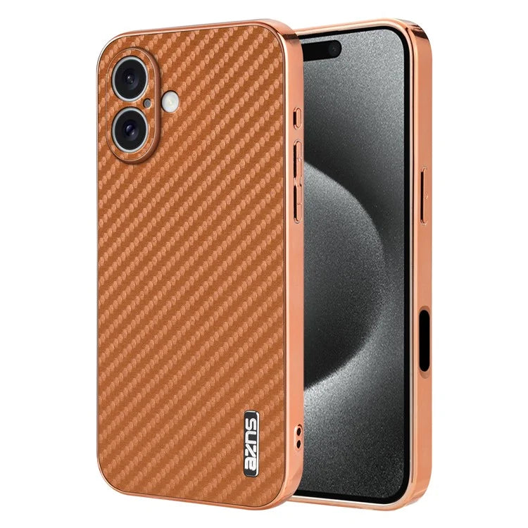AZNS For iPhone 16 Plus Case Electroplating Carbon Fiber Texture PU+TPU Phone Cover