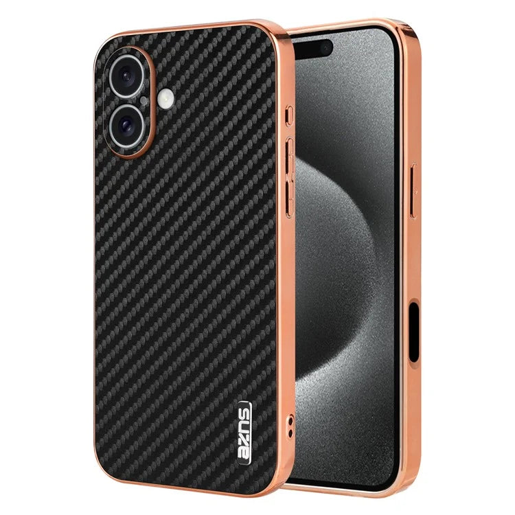 AZNS For iPhone 16 Plus Case Electroplating Carbon Fiber Texture PU+TPU Phone Cover