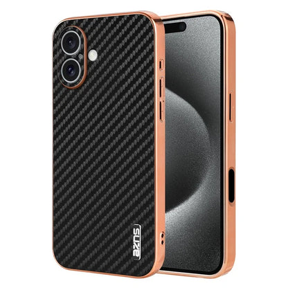 AZNS For iPhone 16 Plus Case Electroplating Carbon Fiber Texture PU+TPU Phone Cover