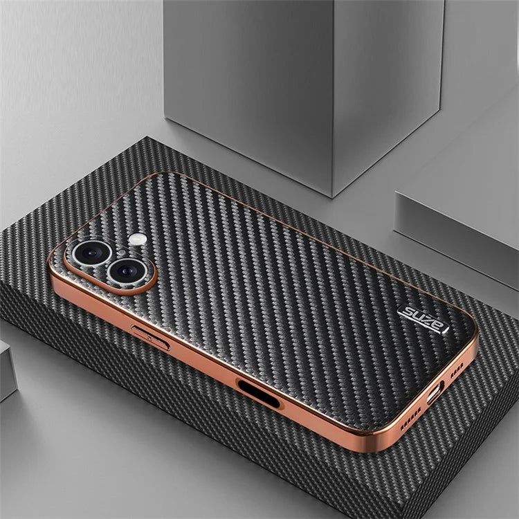 AZNS For iPhone 16 Plus Case Electroplating Carbon Fiber Texture PU+TPU Phone Cover