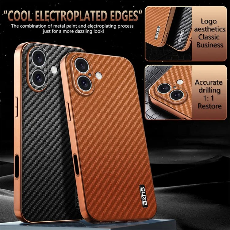 AZNS For iPhone 16 Plus Case Electroplating Carbon Fiber Texture PU+TPU Phone Cover