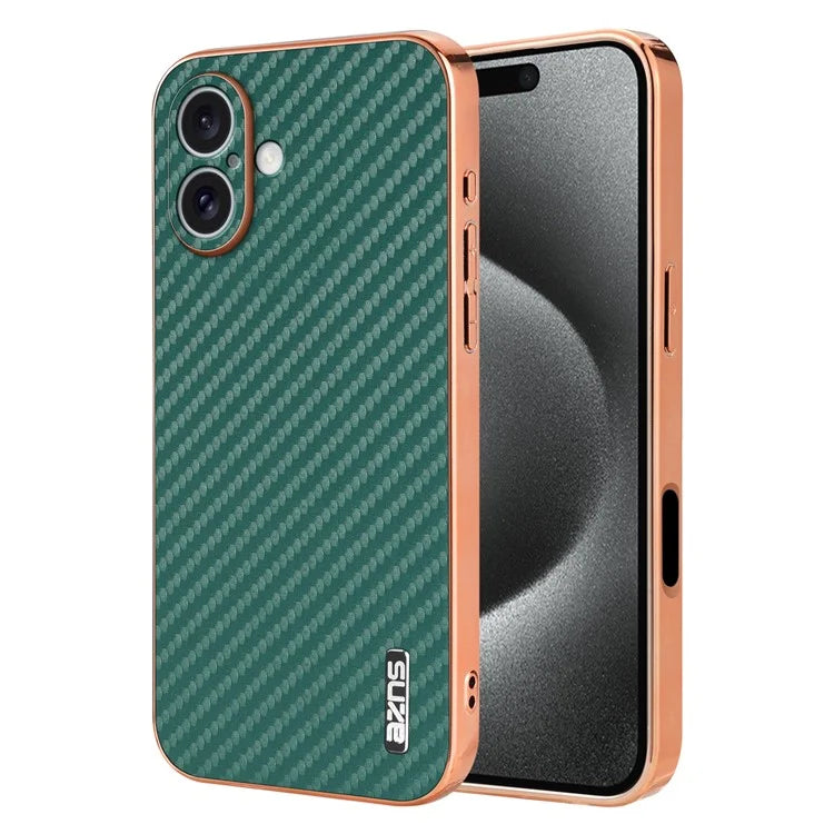 AZNS For iPhone 16 Plus Case Electroplating Carbon Fiber Texture PU+TPU Phone Cover