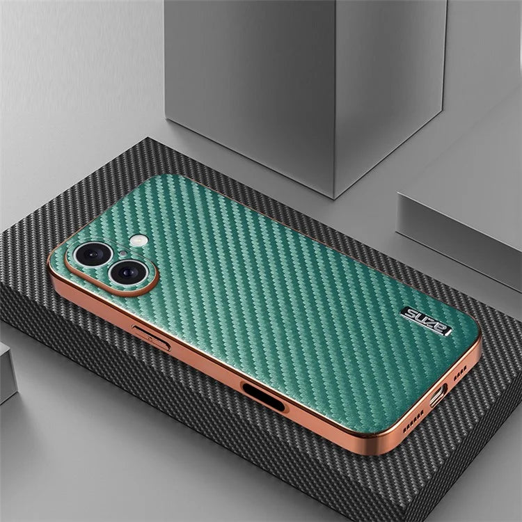 AZNS For iPhone 16 Plus Case Electroplating Carbon Fiber Texture PU+TPU Phone Cover