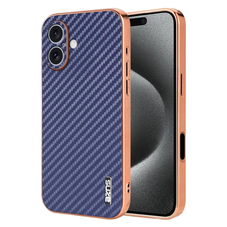 AZNS For iPhone 16 Plus Case Electroplating Carbon Fiber Texture PU+TPU Phone Cover