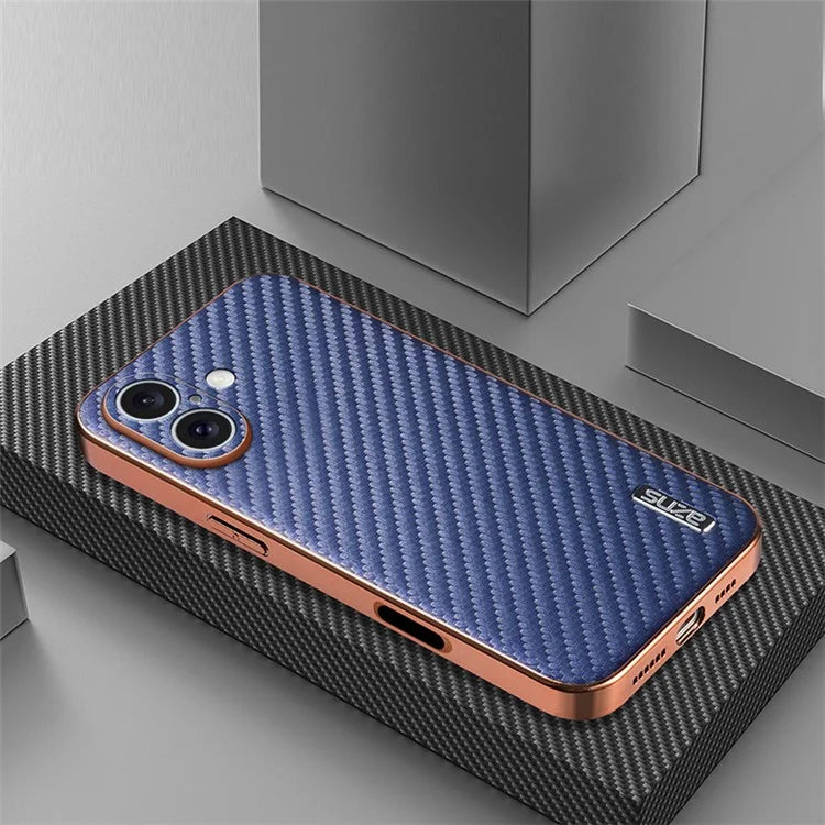 AZNS For iPhone 16 Plus Case Electroplating Carbon Fiber Texture PU+TPU Phone Cover